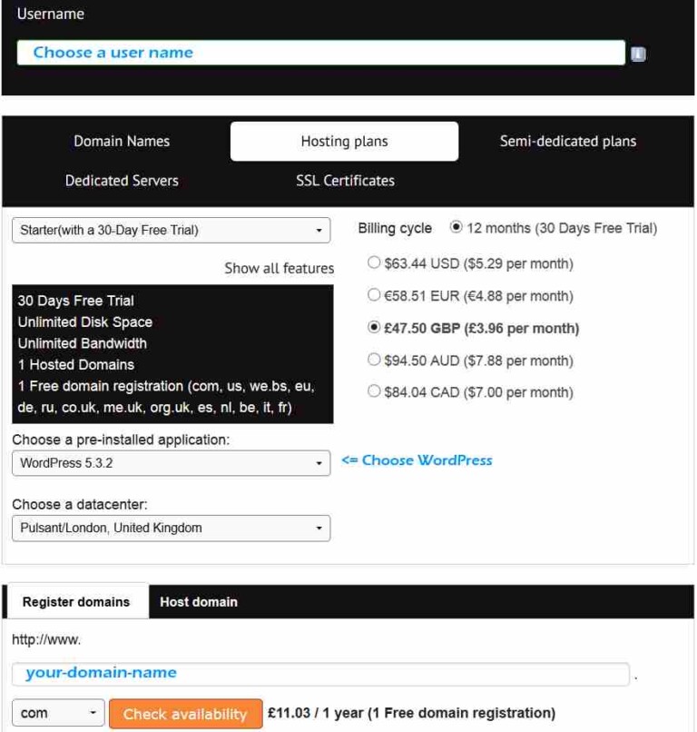 order pre-installed wordpress hosting with domain name
